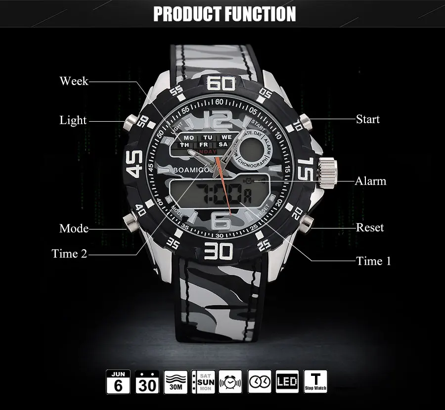 BOAMIGO Brand Men Watches Multiple Time Zone Sport Watch Rubber Band Gray Digital Analog LED Wristwatch Waterproof Reloj Hombre (24)