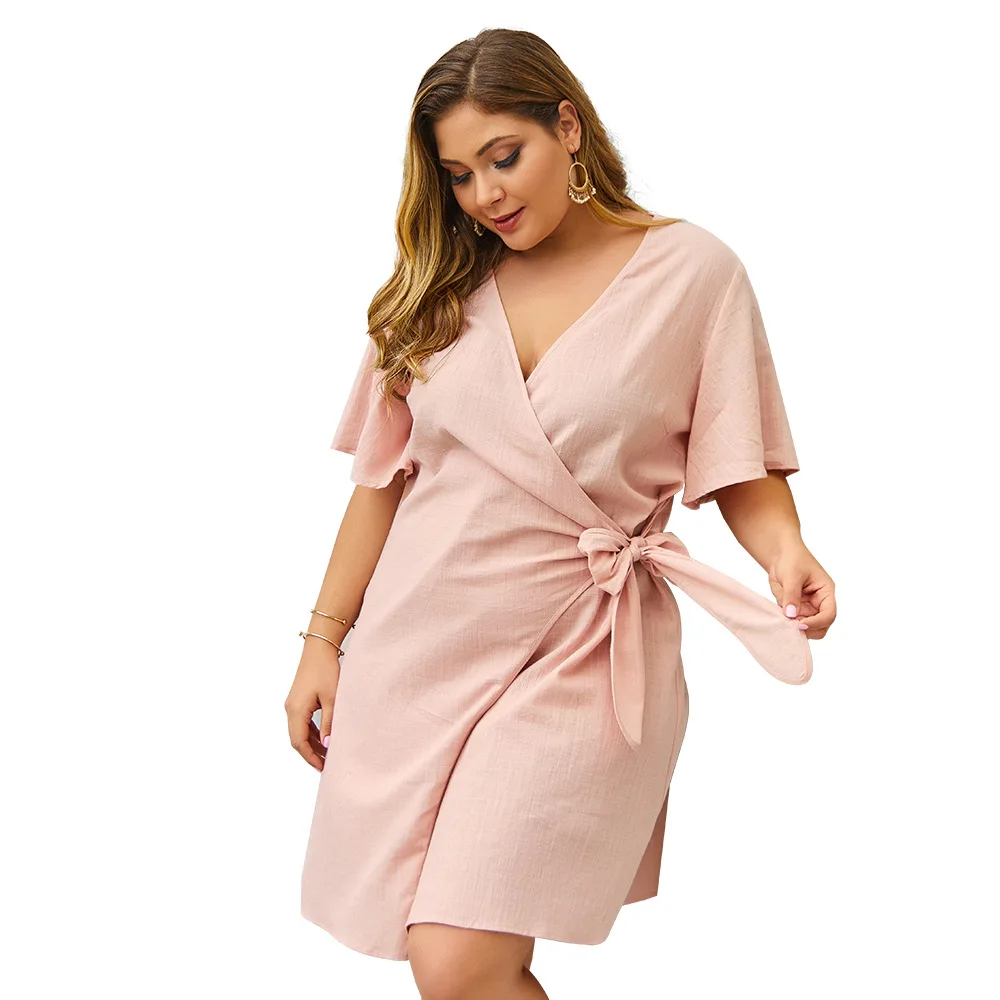 

Solid Pink Plus size Women dress summer Elegant cross V neck surplice wrap tied side mini dress flare short sleeves women dress