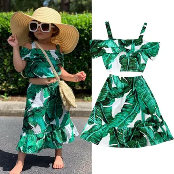 

1-5T Girls Clothes Set Sleeveless Sling Spaghetti Strap Tops Girls Green Big Leaves Print Girls Dress Children Clothing Set Kids