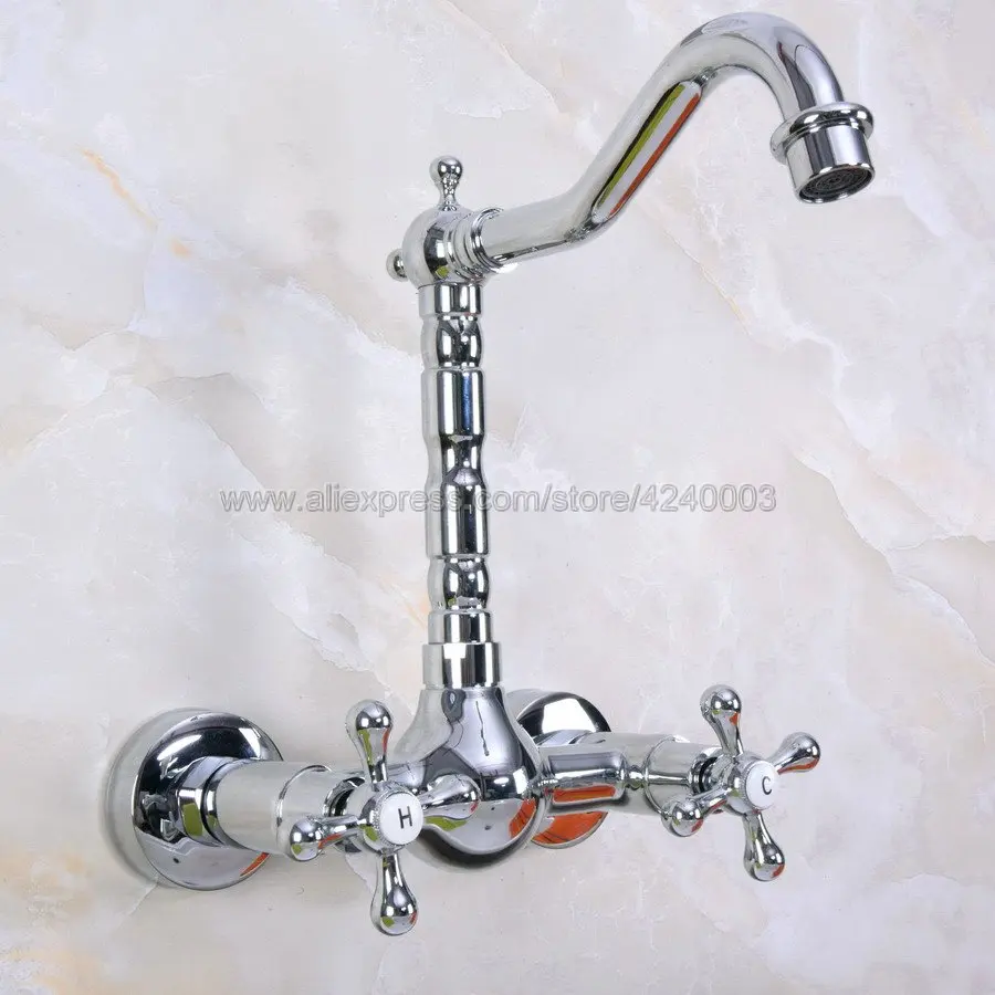 

Basin Faucets Chrome Finish Brass Bathroom Kitchen Faucet Swivel Wall Mounted Dual Handle Hot Cold Mixer Taps Kna970