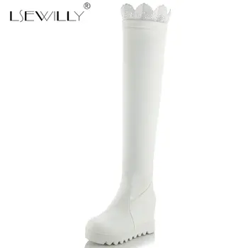 

Lsewilly Plus Size 33-43 Women High Platform Boots Lace Warm Fur Thick Bottoms Shoes Women Fashion Over Knee High Boots E380