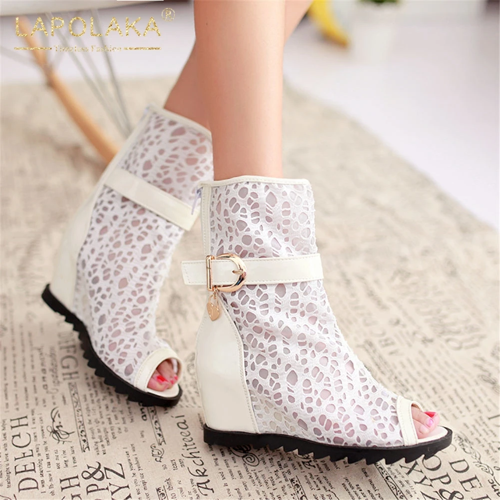 

Dropship Fashion Height Increasing Peep Toe mid-calf Boots Woman Leisure Summer Boots Woman Big Size 34-43 Lace Women Shoes