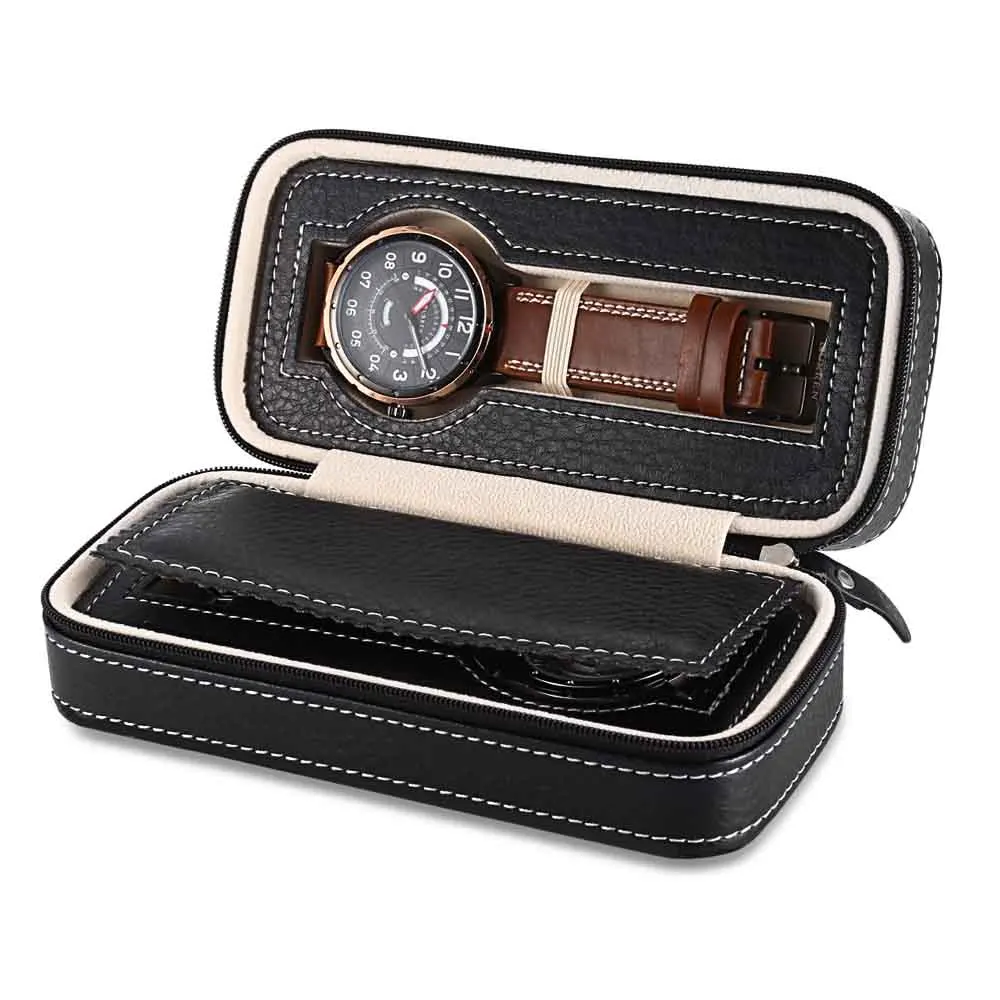 Профессиональный 2 сетки коробки для часов pu кожа наручные часы коробка дисплей для хранения ювелирных изделий Органайзер для путешествий Чехол для часов Caixa Para Relogio - Цвет: Черный