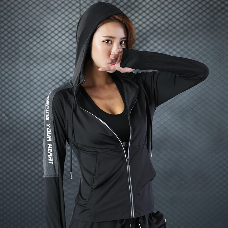 

JINXIUSHIRT Women Sport Jacket Breathable Long-sleeved Gym Sweatshirt Cloth Fitness Zipper Letter Jacket Outerwear Hooded WT530