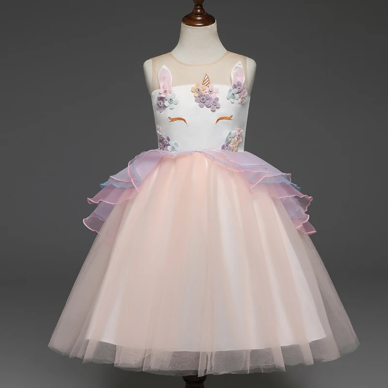 

New 3-8 Years Unicorn Girls' Dress 2018 Floral Embroidery Dress Girl Teenage Children Princess Tulle Gowns Child Cosplay Costume