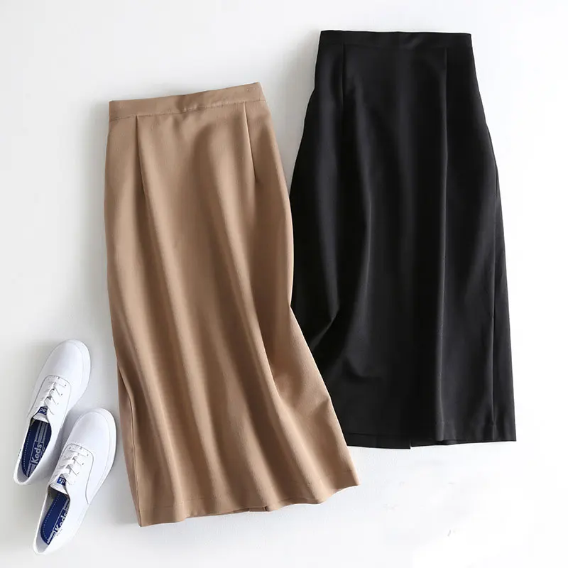 

2021 Autumn Women Solid Skirts Elastic High Waist A-Line Skirts Women Office Lady Skirt Split Elegant Skirts Faldas Saia Khaki