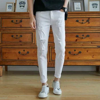 

Fall 2019 new men hole jeans trousers of cultivate one's morality feet youth white beggar