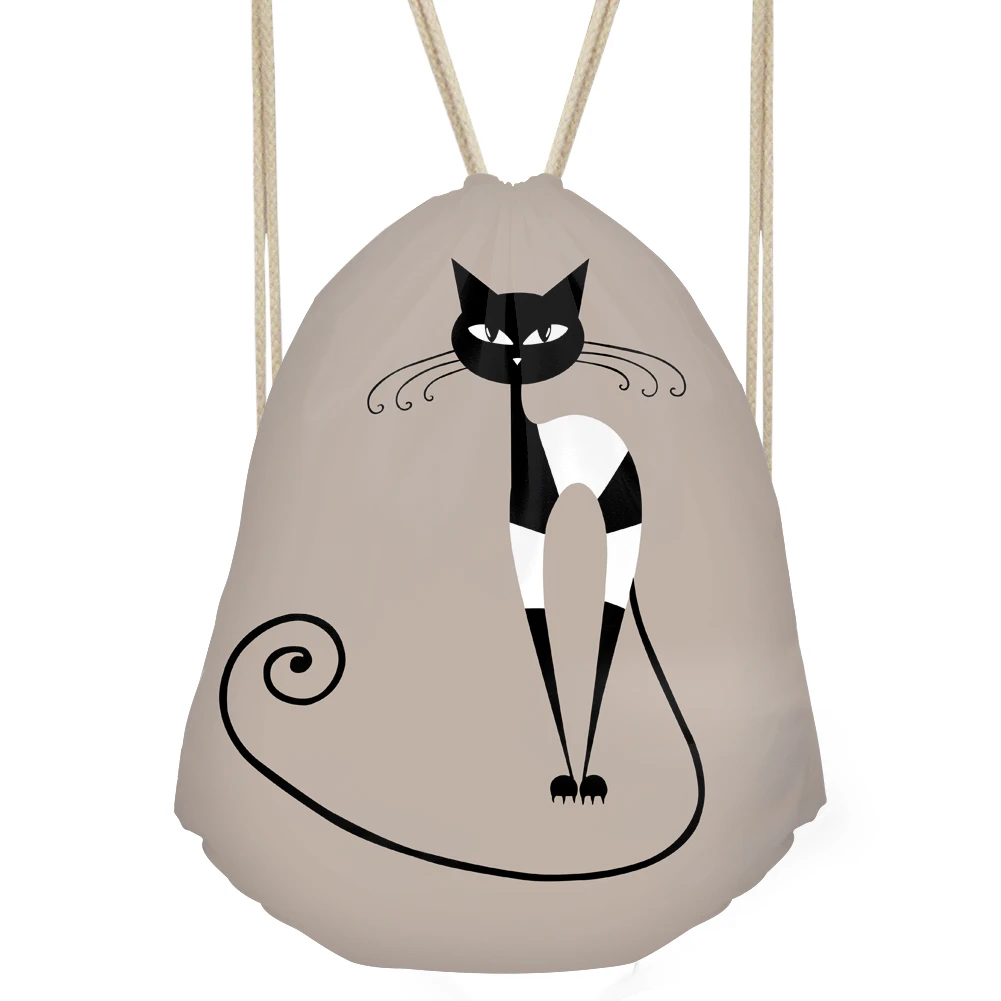 

ELVISWORDS Black Cat Drawstring Bags for Girls Cartoon Fresh Travel Backpack Makeup Bag Female Bags Case Large Pouch Cloth Bag