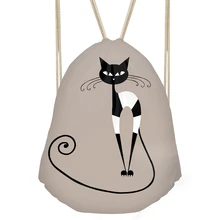 ELVISWORDS Black Cat Drawstring Bags for Girls Cartoon Fresh Travel Backpack Makeup Bag Female Bags Case Large Pouch Cloth Bag