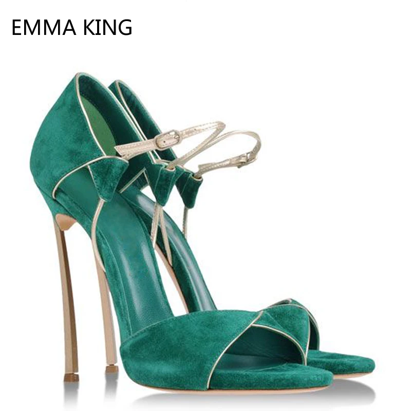 

Stiletto High Heels Women Sandals Open Toe Ankle Buckle Strap Design Sexy Gladiator Sandals Green Suede Party Dress Shoes Woman