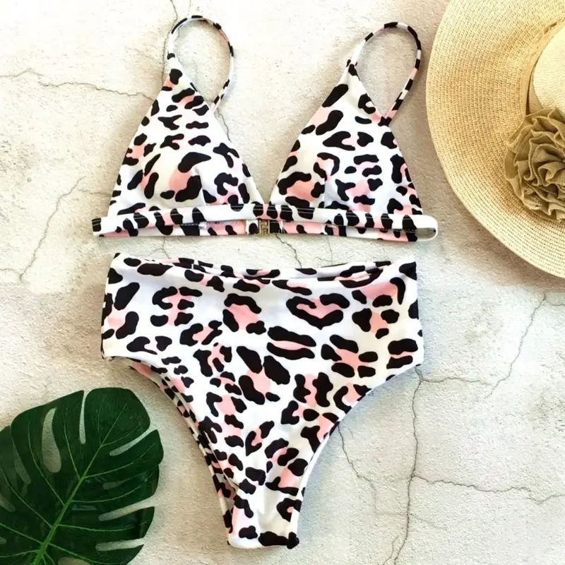 

Women Sexy Leopard Two-Piece Bikini Set Deep V-Neck Triangle Bra High Waist Tummy Control Thong Sweet Candy Color Retro Swimsuit