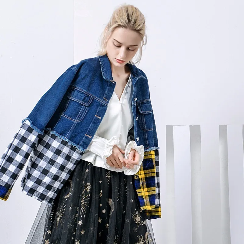 TWOTWINSTYLE лоскутное клетчатое джинсовое пальто Топы женские с длинным рукавом