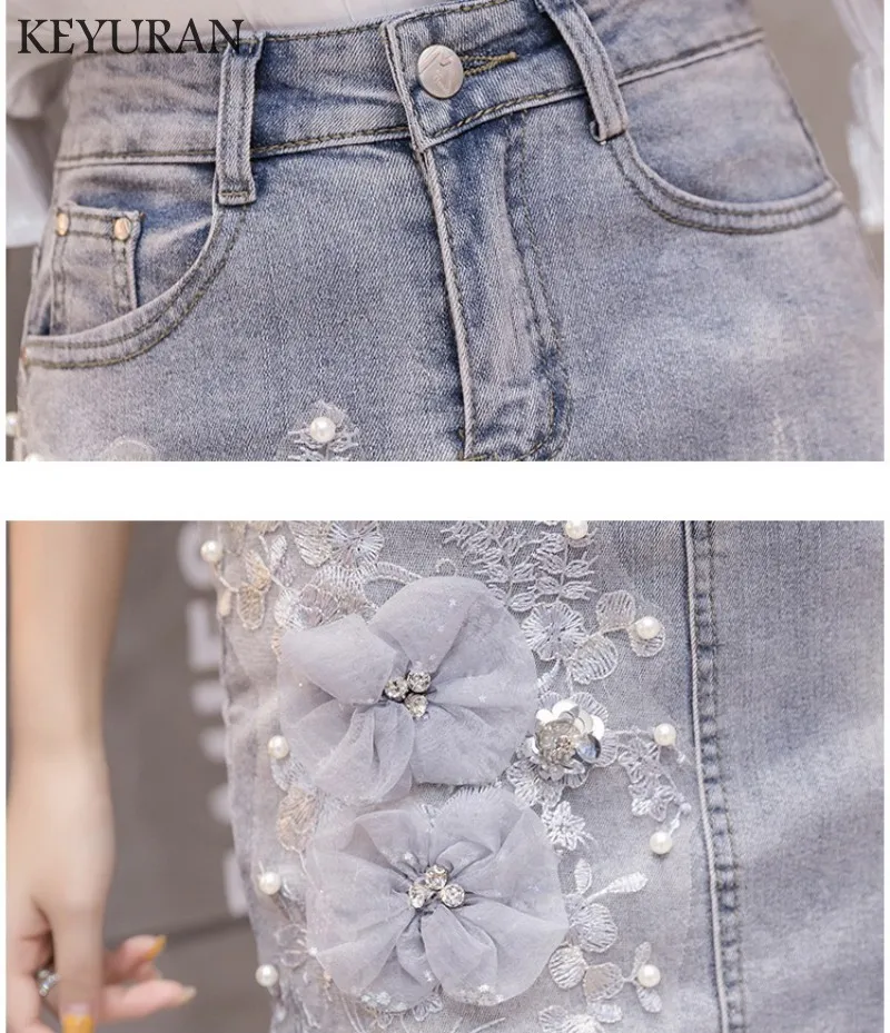 Лето-Осень, модная женская джинсовая юбка с разрезом, жемчугом, бисером и кисточками, высокой талией и дырками, дизайнерские женские узкие юбки с вышивкой