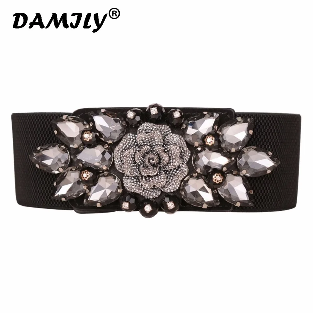 Luxury Belts for Women Floral Rhinestone Design Waistband Brand Crysta Wide Dress Belt Ladies