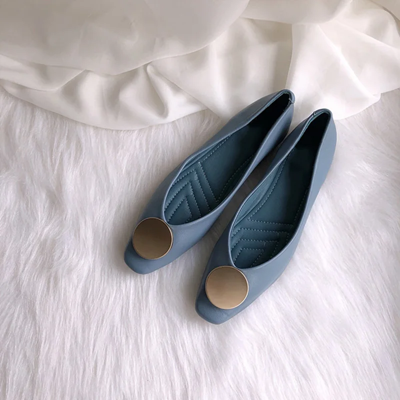 Boussac/Женская обувь на плоской подошве с круглым металлическим ремешком; Винтажная обувь на плоской подошве с квадратным носком; женская элегантная однотонная обувь синего цвета; женская обувь; SWC0733 - Цвет: blue3