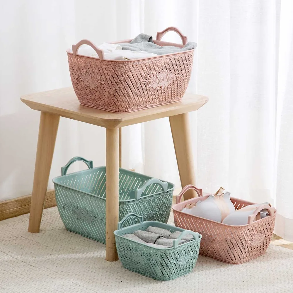 

OTHERHOUSE Plastic Storage Basket With Handle Toy Cosmetic Sundries Clothes Storage Box Snack Case Desktop Makeup Organizer