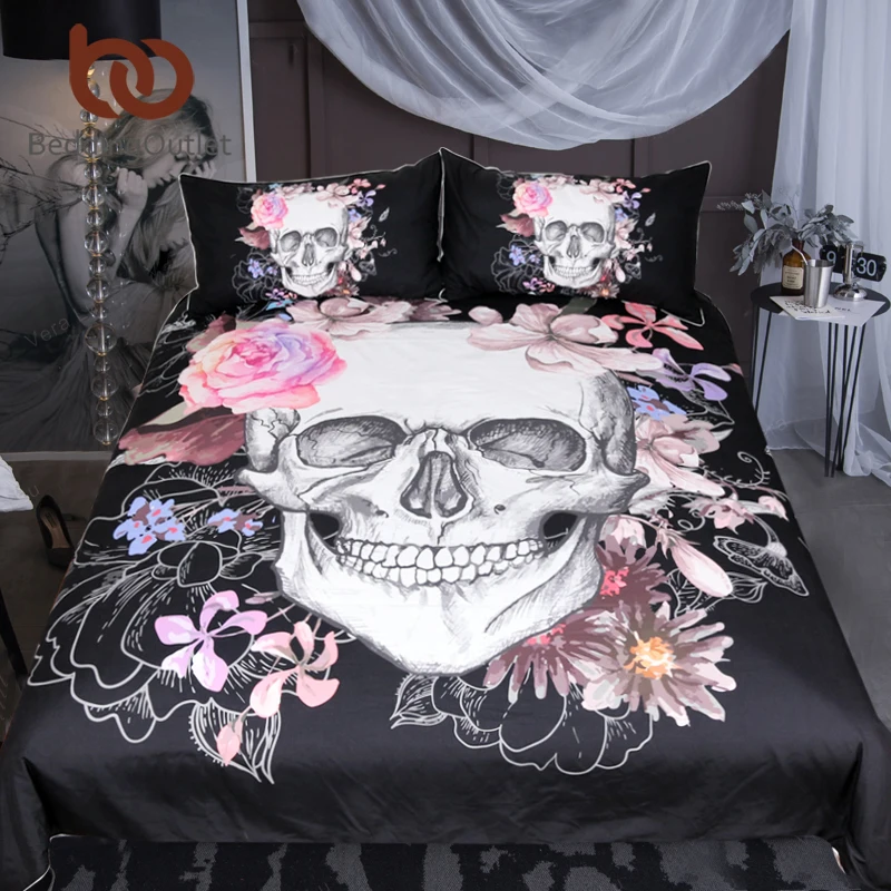 

BeddingOutlet Sugar Skull Bedding Set Floral Bed Duvet Cover Set Black Modern 3 Pieces Polyester Gothic Bedspreads Queen King