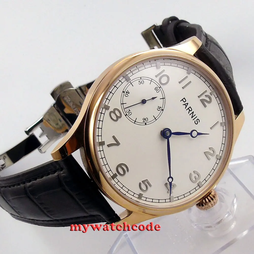 

44mm parnis white dial blue hands 6497 hand winding mens wrist watch B220