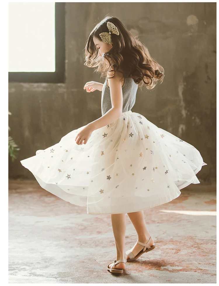 Длинная юбка из тюля с блестками и рисунком звезды для девочек-подростков 4-16 лет, милая детская юбка длиной до щиколотки в Корейском стиле, летняя одежда для крупных девочек