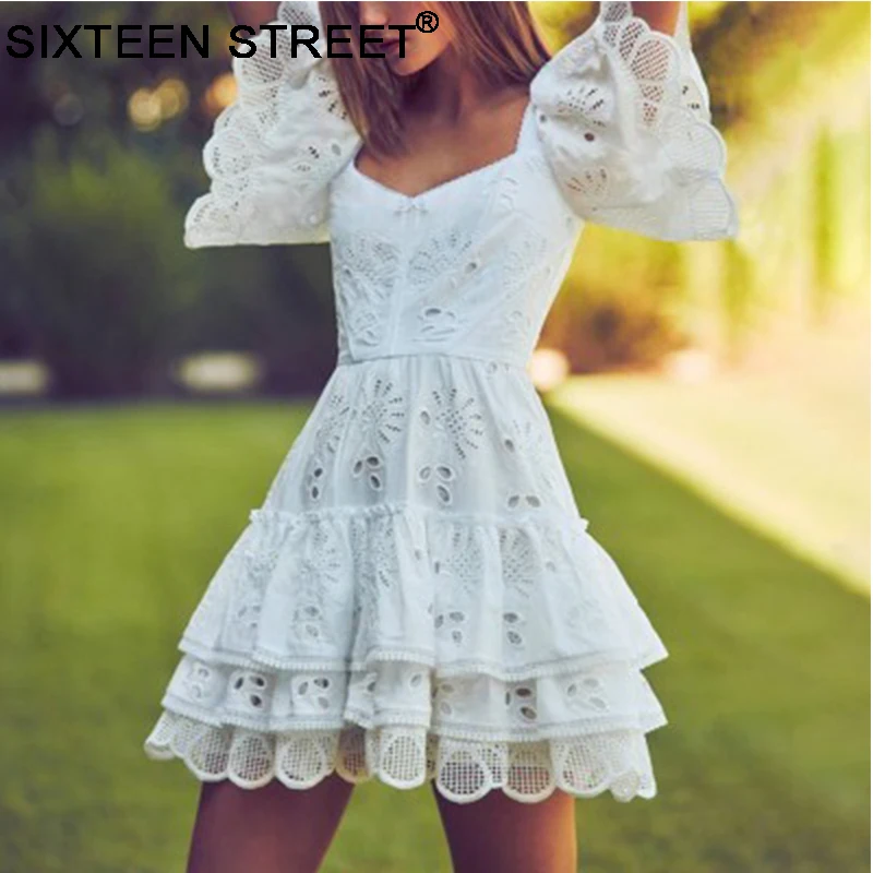 

woman's dress white summer short sleeve V-neck casual party wear hollow out cotton short dresses for ladies