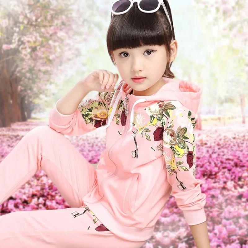 

Elegant Girl Peony Flowers Patterns Sports Outfit Coat Pants 2PCS Clothing Set Children's Hooded Sweatshirts Sets For Girls