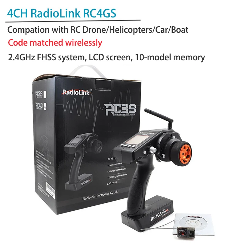 

2018 New 2.4G RadioLink RC4GS 4CH Car Gun Controller Transmitter + Optional R4FG & R6FG Receiver for RC Drone RC Car Boat