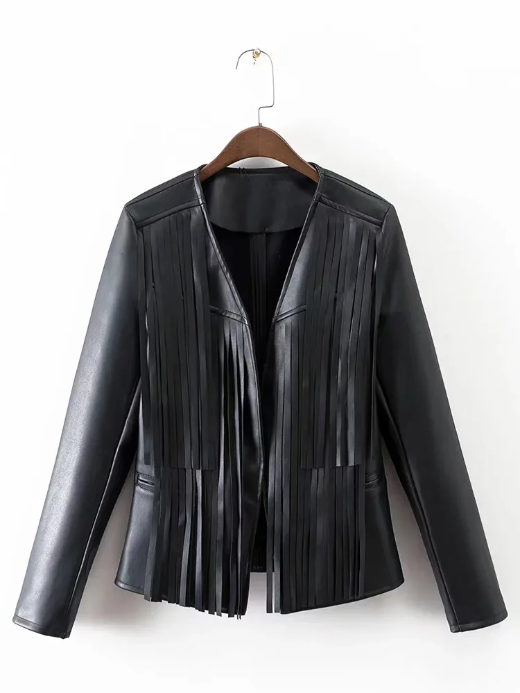 

New Arrival Office Lady Full Sleeve Tassel Short V Neck Zipper Faux Leather Coat Free Shipping CKP-001