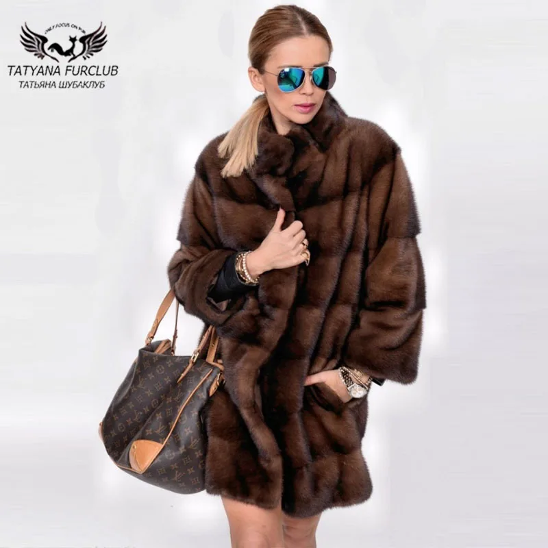 Женская шуба из натурального меха норки Tatyana Furclub длинная кофейного цвета с