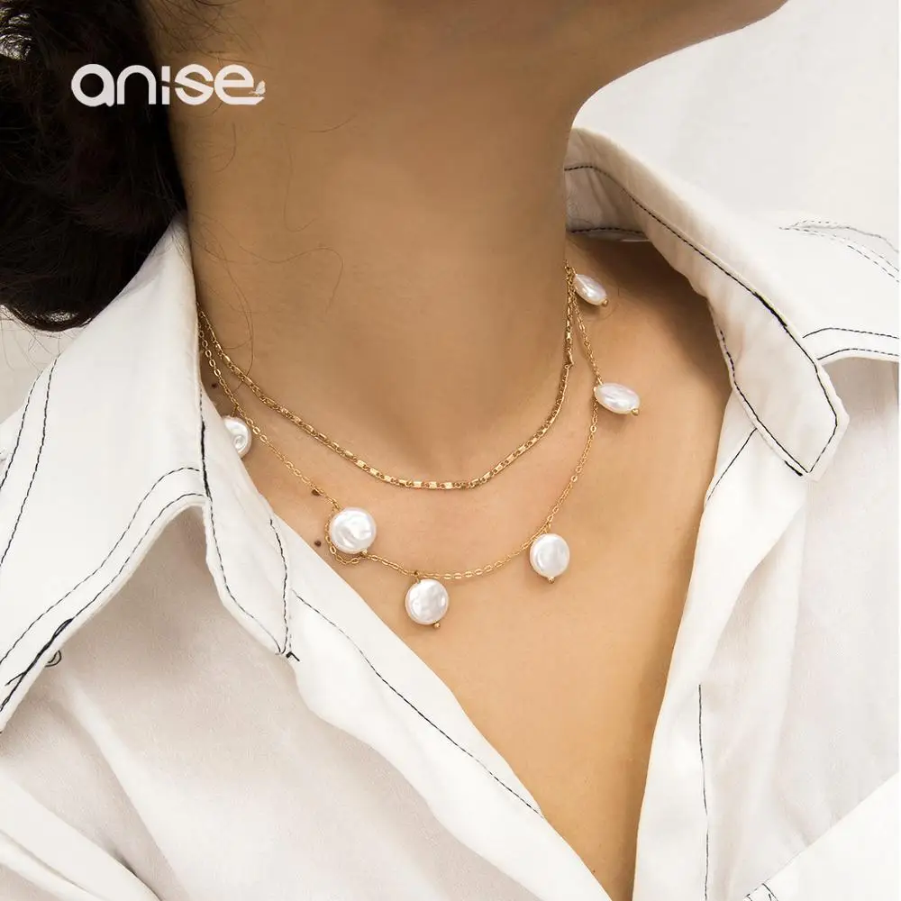 

Female 2019 New Imitation Pearl Pendant Necklace Clavicle Chain Simple Round Double Neck Chain Women Jewelry Accessories