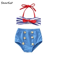 Seartist/купальный костюм для маленьких девочек, 2 предмета, купальная Одежда для девочек, топ в полоску, однотонные синие шорты, набор бикини, купальные костюмы, одежда для плавания, 35