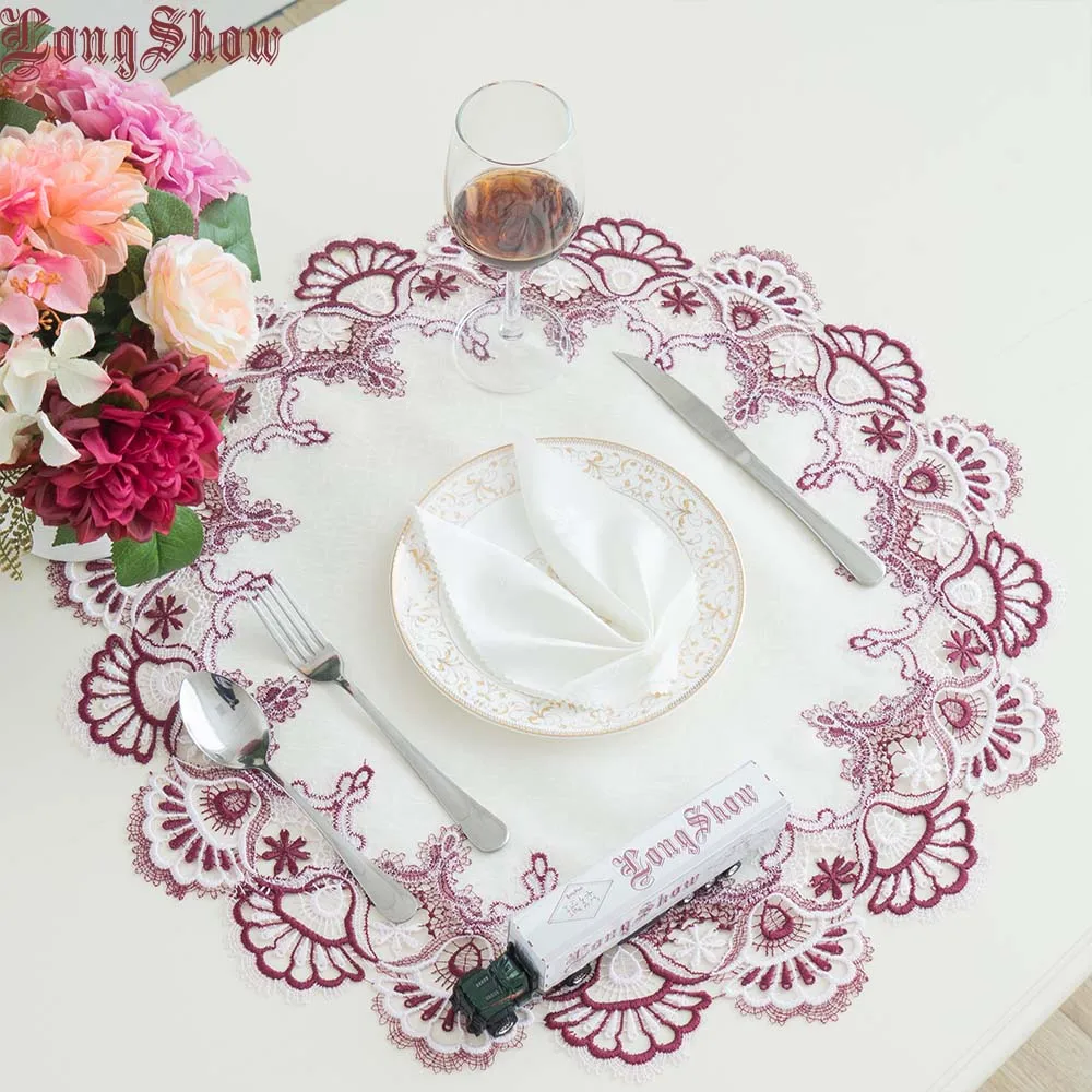

1Lot/2pcs Vintage Embroidered Two Tone Red Bell Lace Trim Solid Slubbed Cloth Oval Round Placemats