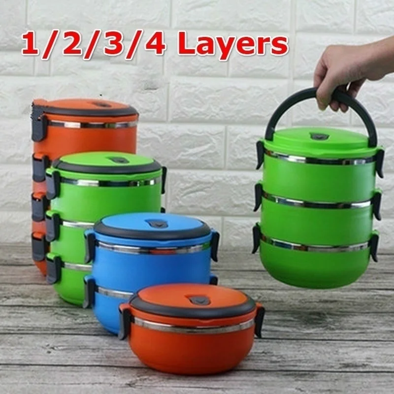 

1/2/3/4 Layer Portable Stainless Steel Thermal Insulated Lunch Box Food Container Round Color Random