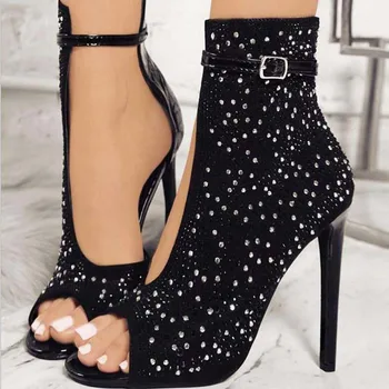 

2019 New Women Crystal Sandals Ankle Straps High Heels Transparent Cover Heel Pumps Ladies Sandals Party Shoes size 35-43
