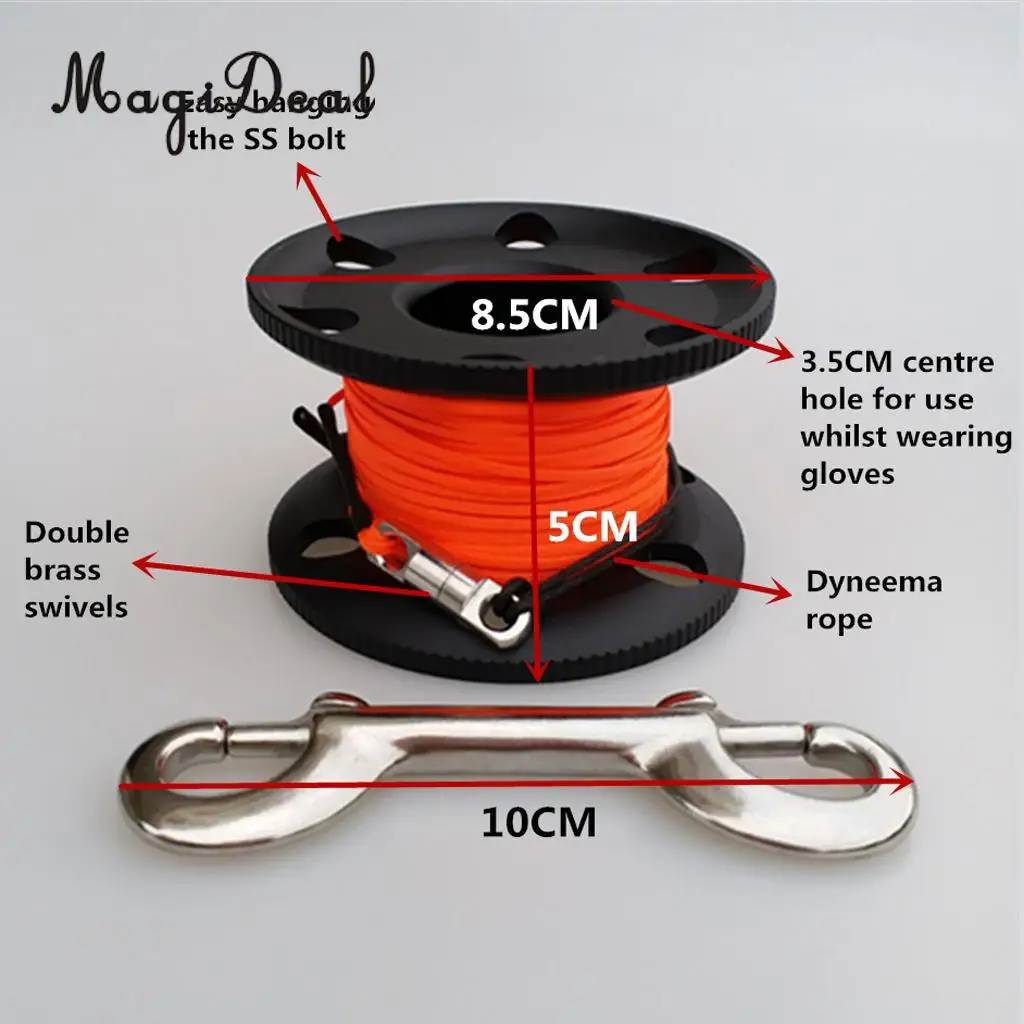 MagiDeal Scuba Diving Aluminium Finger Spool Reel Line Stainless Steel Snap Bolt Clip 20/30/50M Blue Purple Black