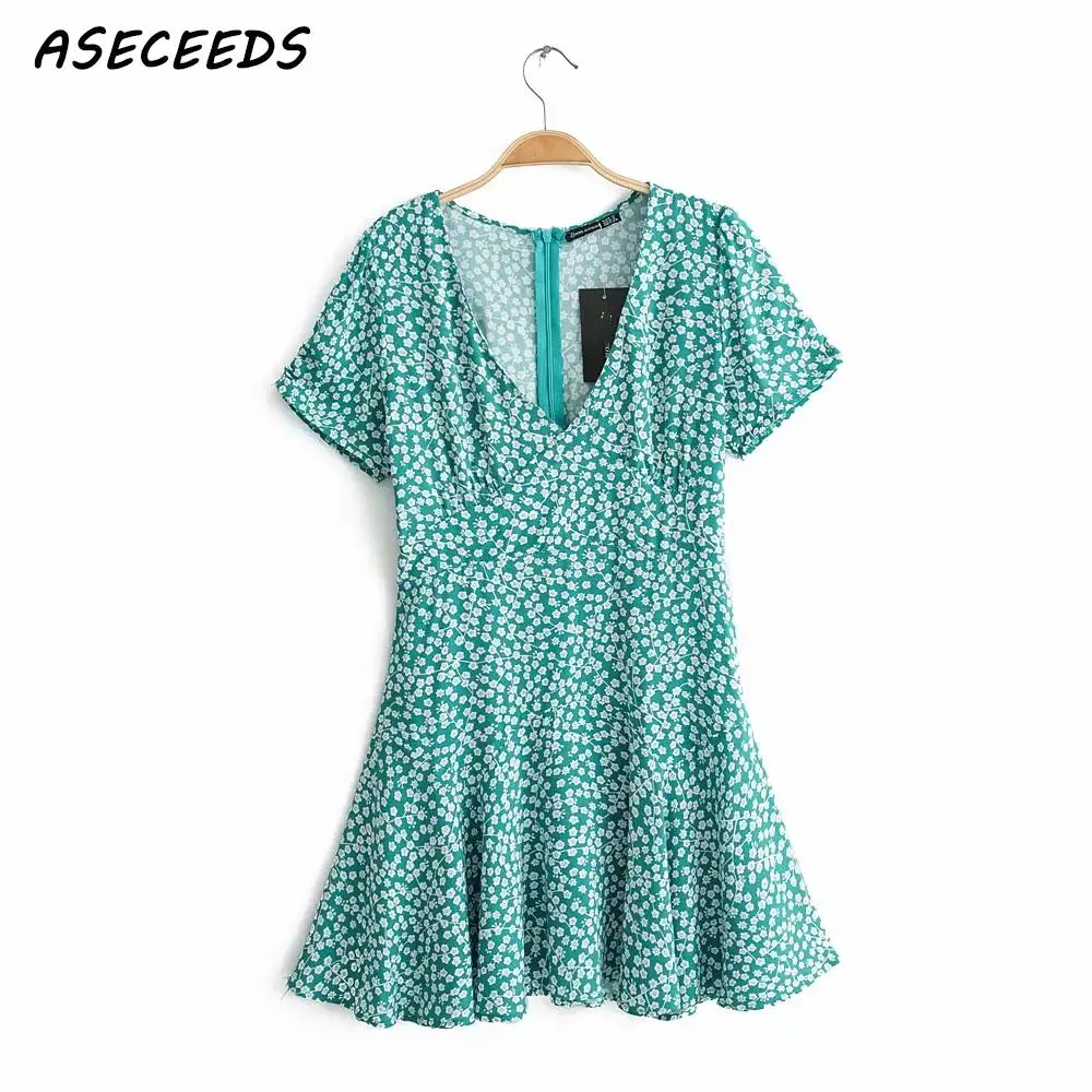 Лето винтажное богемное платье с цветочным принтом женское сексуальное мини-платье с v-образным вырезом и коротким рукавом Элегантная Корейская одежда Платья vestidos - Цвет: Зеленый