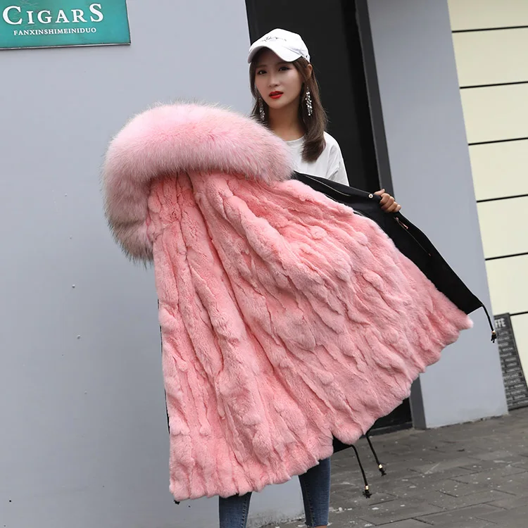 Женское длинное меховое пальто, парка, зимняя куртка, Женская парка, мех кролика Рекс, внутренняя часть, очень большая, YH182 - Цвет: Long pink
