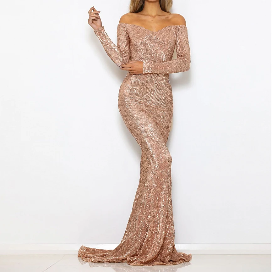 off the shoulder champagne gown