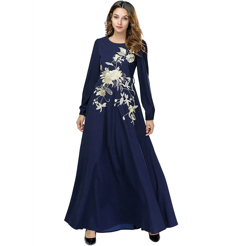 

2019 Casual Women Embroidery Flower Dress Navy Blue Muslim Abaya Caftan Marocain Hijab Femme Musulman Dress Ropa Arabe Mujer