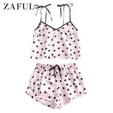 ZAFUL Heart Print Cami Bowknot Crop Top And Shorts Pajama Sets Summer Spaghetti Strap Sleeveless Camisole Lounge Women Nightwear color block crop cami top with shorts