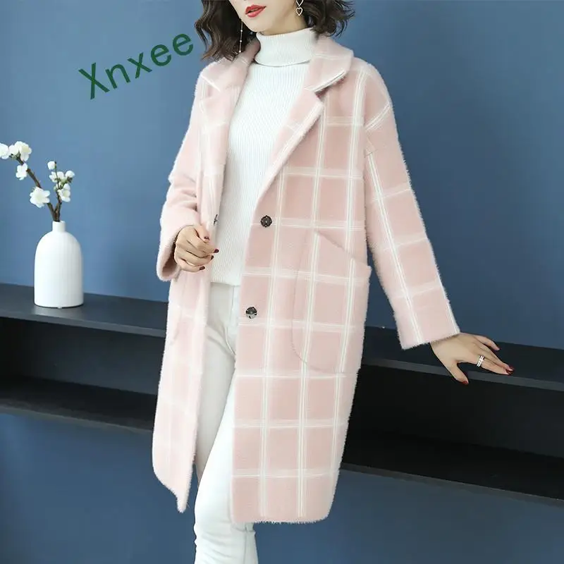 Pink Новое Женское пальто в клетку с отложным воротником, Свободный кардиган с длинным рукавом, однобортное повседневное осенне-зимнее пальто - Цвет: Pink