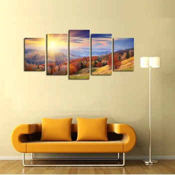 

5 Panels (No Frame) Canvas Wall Art Colorful Trees and Mountain Landscape Pictures Paint on Canvas Painting for Home Decorative
