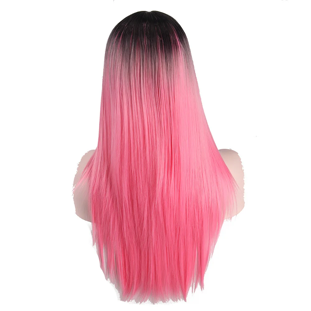 24 "длинные парики для Для женщин Ombre цвета: черный, красный, розовый красочные прямо Косплэй парик волосы короткие синтетический парики два