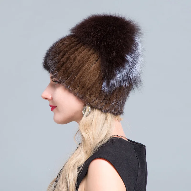 Лидер продаж шапка JERYAFUR из натурального черного меха норки лисы вязаная русская