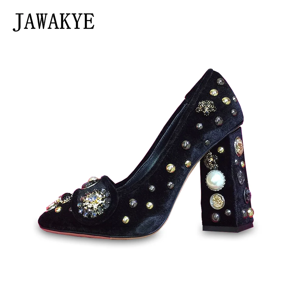 

JAWAKYE Retro Rhinestone Studded Velvet Women Pumps Court style Chunky high heels Shoes Blue Red Wedding Shoes lady party shoes