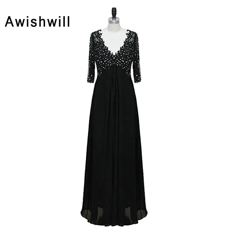 Double V neck Beadings Chiffon 3/4 Sleeves Modest Black Evening Gowns
