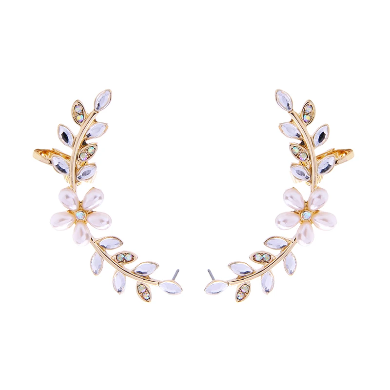

Acrylic Pearls Flower Clip with Pierced Earrings 2017 Crystal Leaves Long Stud Earrings For Women Fashion Jewelry Wholesale