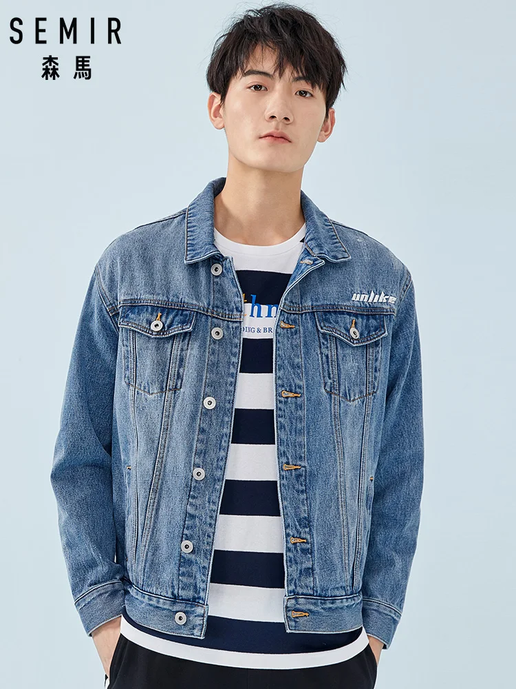 

SEMIR Embroidered Denim Jacket 100% Cotton for Men Washed Denim Jacket Dropped Shoulder Male Fashion Jacket for Spring