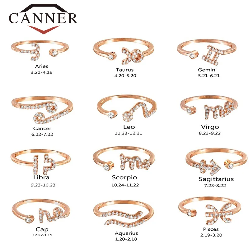 

CANNER Adjustable Fashion Twelve Constellations Rose Gold Color Zircon Open Rings Unique Design For Women Jewelry Gift TH