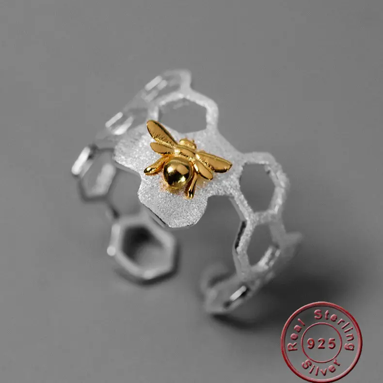 

Amxiu 925 Sterling Silver Handmade Jewelry Adjustable Open Ring Gold Bee Honeycomb Rings for Women Bijoux Party Gift Accessories