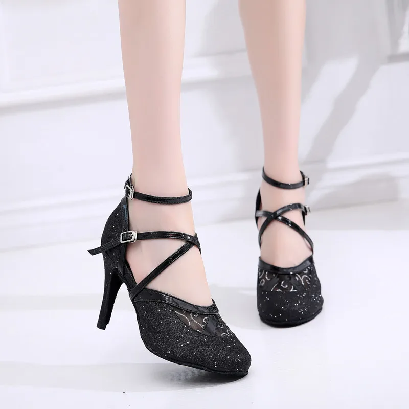 

Discount Sale Breathable Lace Woman High Heel Golden Silver Black Dancing Shoe